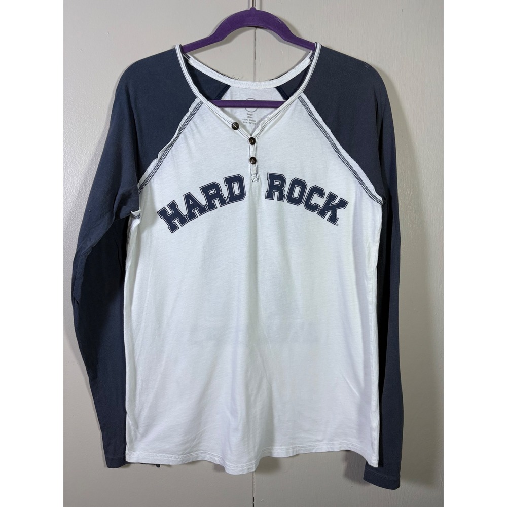 Hard Rock Cafe Denver Henley Shirt L White Navy Raglan Y2K Varsity Retro Preppy